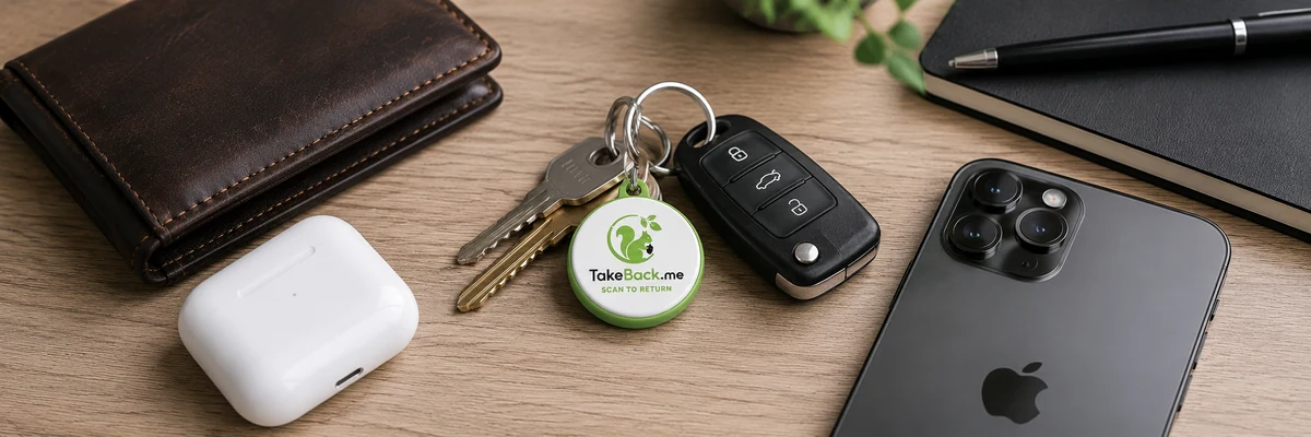 Брелок TakeBack.me рядом с ключами, телефоном и повседневными вещами