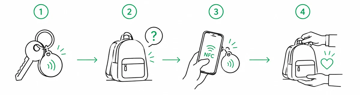 Закрепите брелок, потеряйте вещь, нашедший сканирует NFC и возвращает вещь