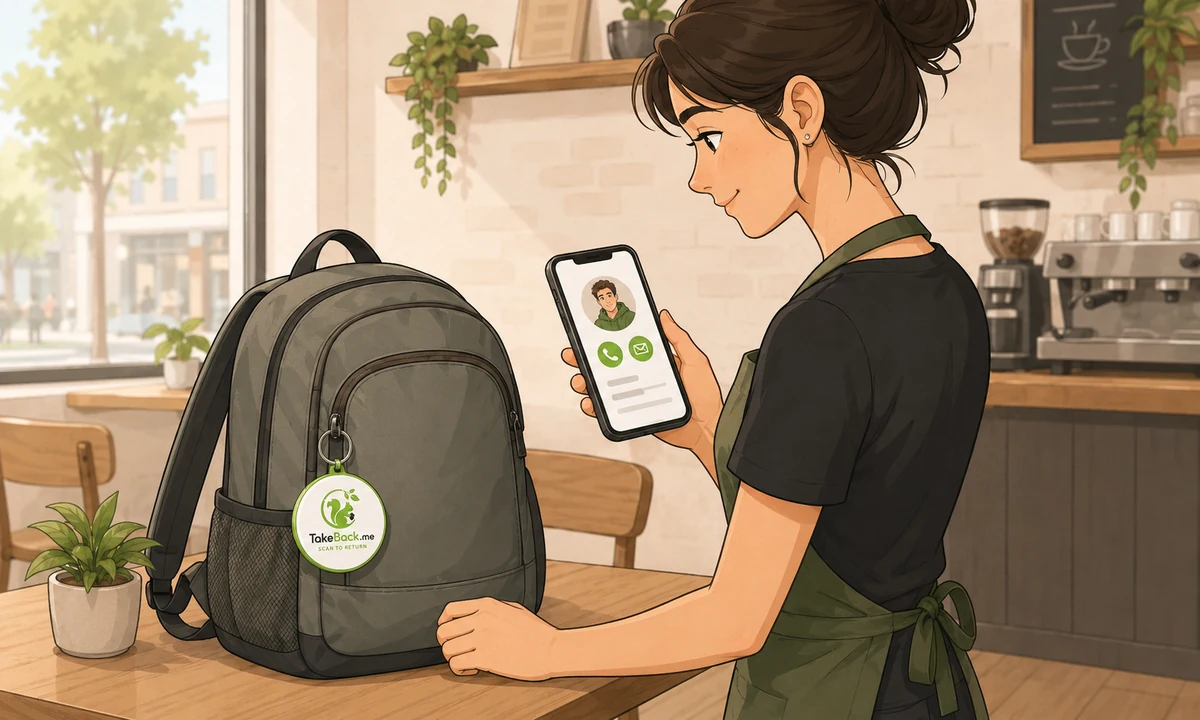 Нашедшая рюкзак девушка сканирует NFC-брелок TakeBack.me смартфоном